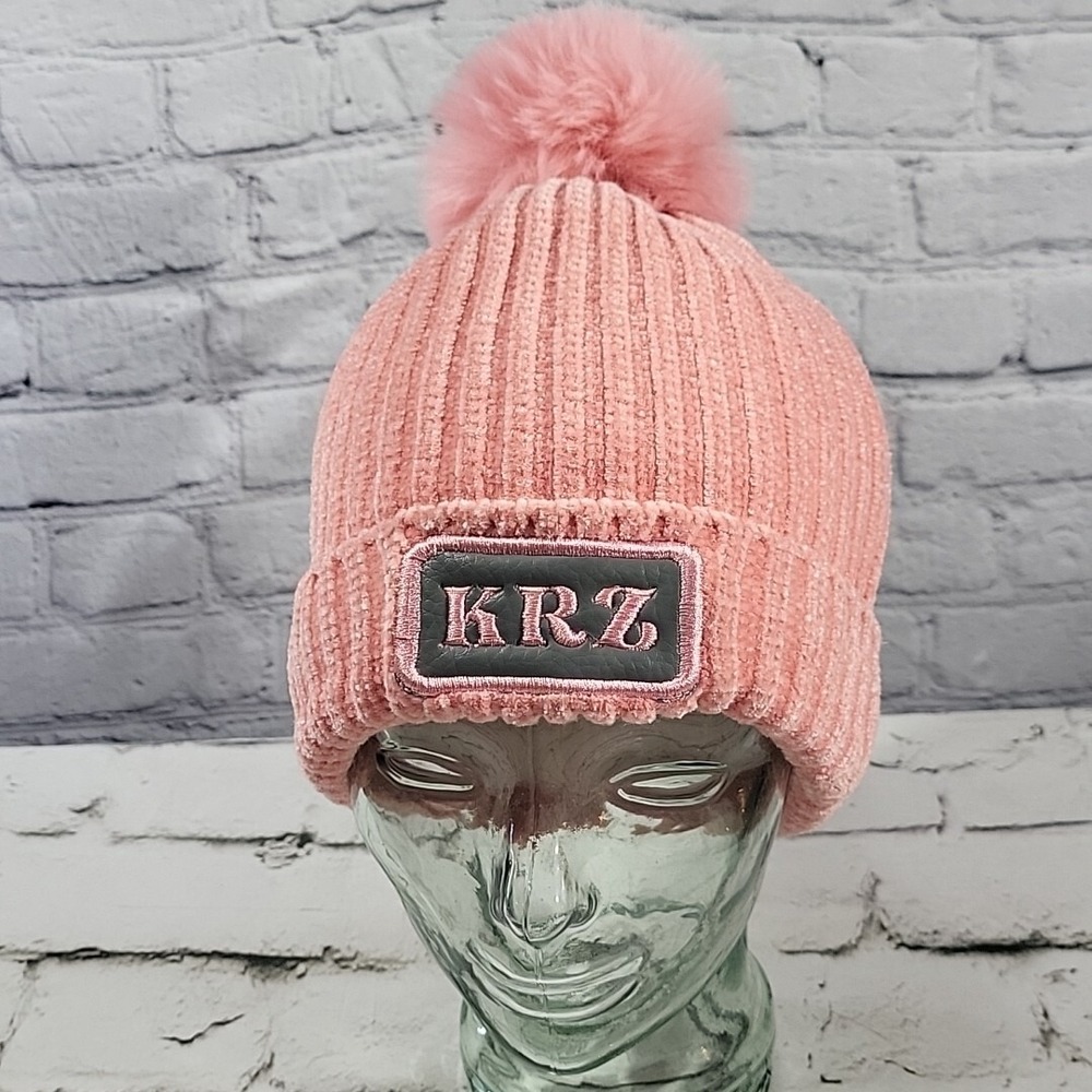 KMZ Beanie Hat Womens Blush Pink Chenille Knit Faux Fur Lined PomPom Ski Cap